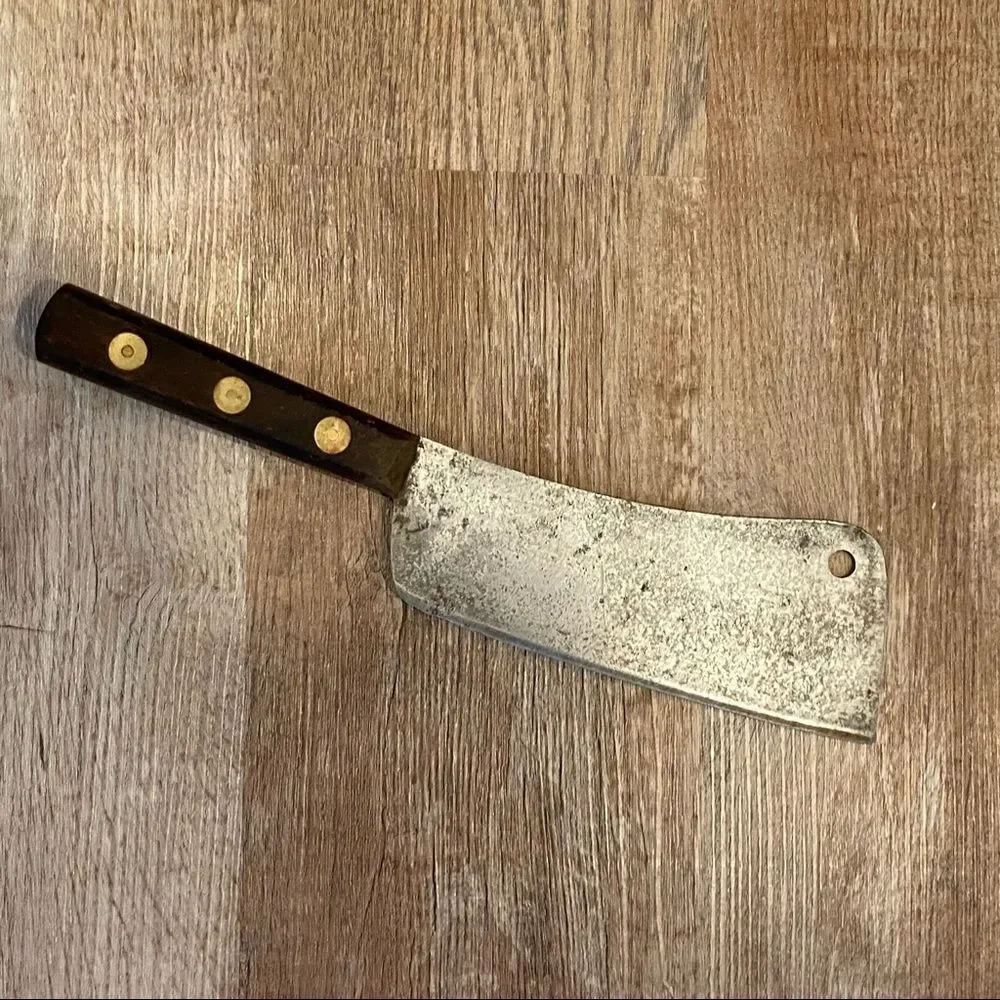Vintage Antique Meat Cleaver w Wood Handle 3 Brass Pin 12 Inch